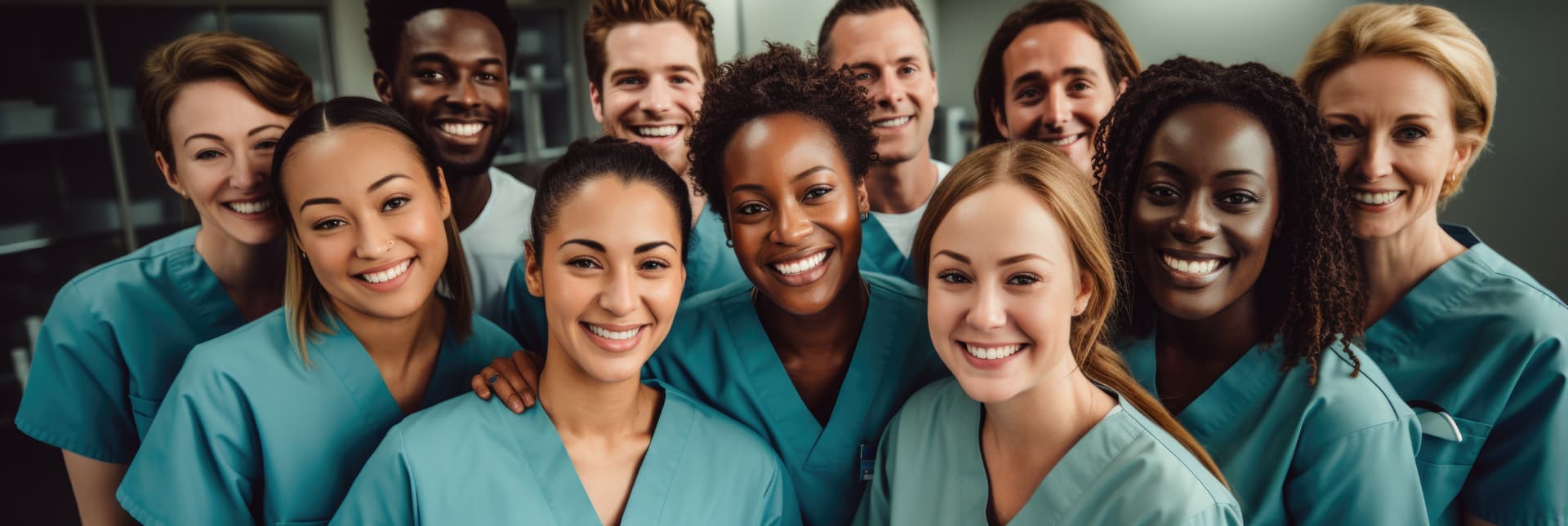 Diverses Pflegeteam in türkisfarbenen Scrubs